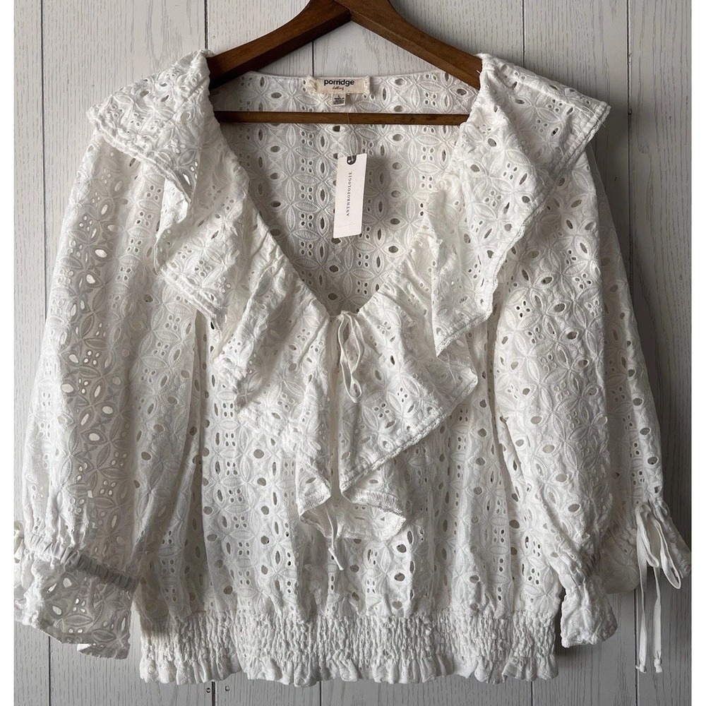 NEW Anthropologie Porridge Dotling White Eyelet Lace Puff Sleeve Blouse Boho L